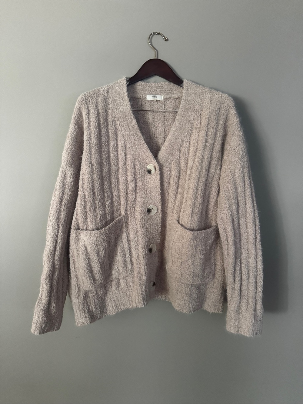 Entro Cozy Fuzzy Boucle Cable Knit Button Cardigan Oatmeal S